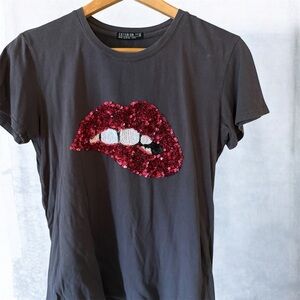 Cotton On Black Tee with Red Sequin Lips